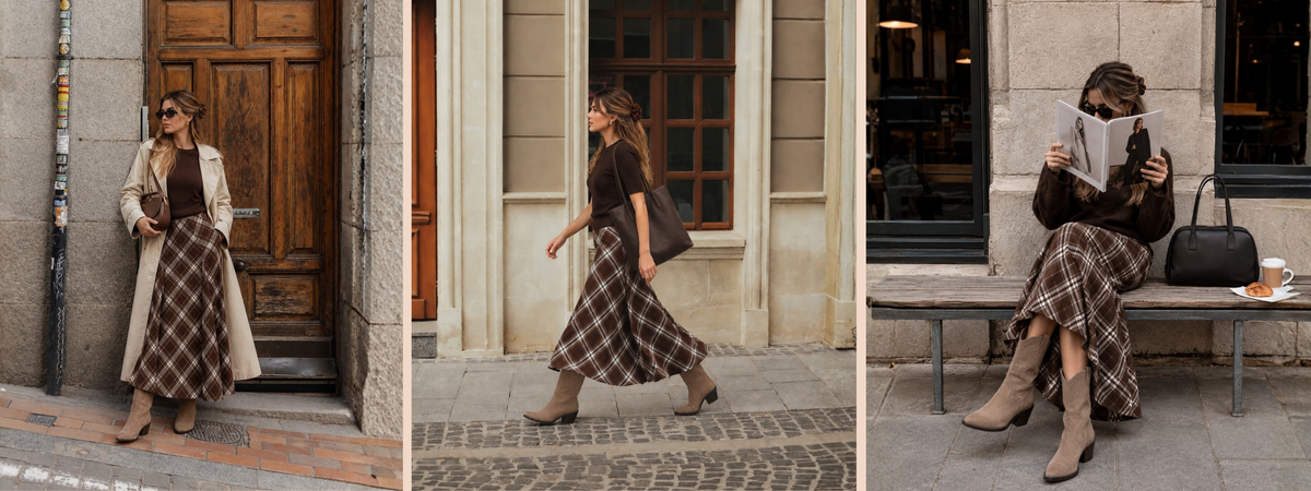 Mujer con jersey marrón y falda larga de cuadros caminando por una calle, con botas de estilo cowboy en tono beige.