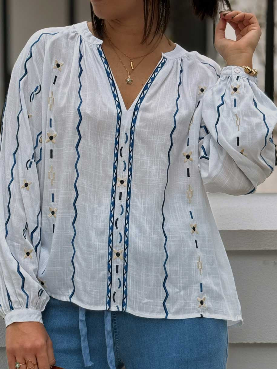 BLUSA BOHO BORDADO AZUL
