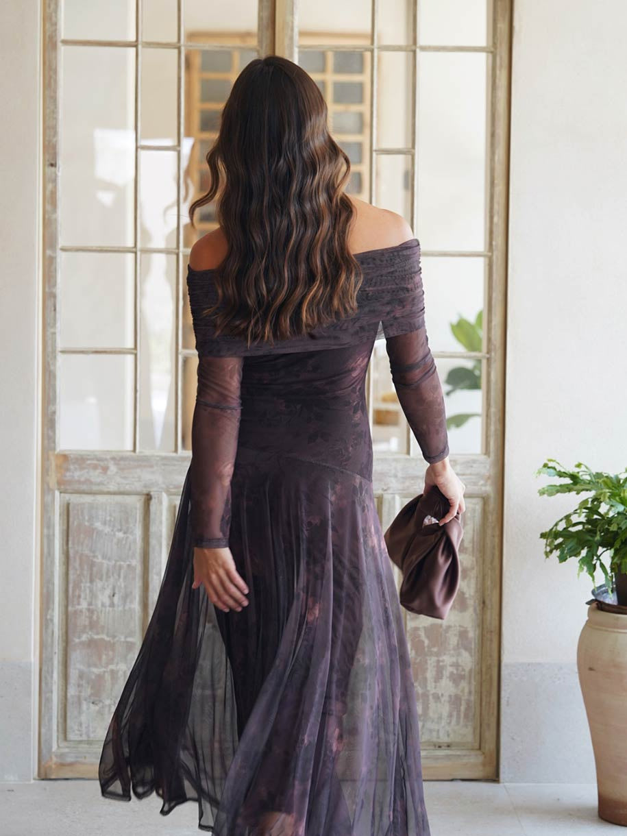 VESTIDO TUL BARDOT ESTAMPADO OTOÑO