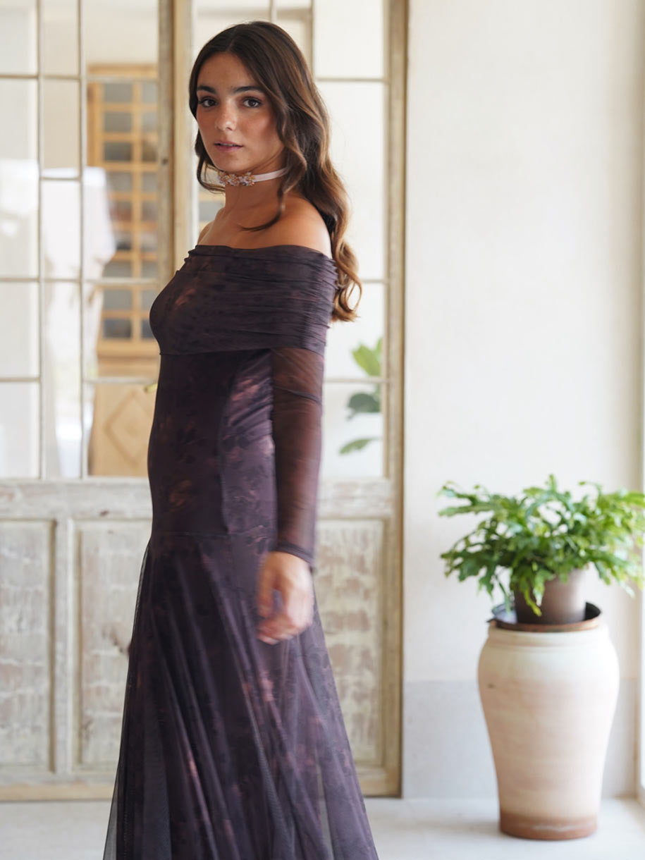 VESTIDO TUL BARDOT ESTAMPADO OTOÑO