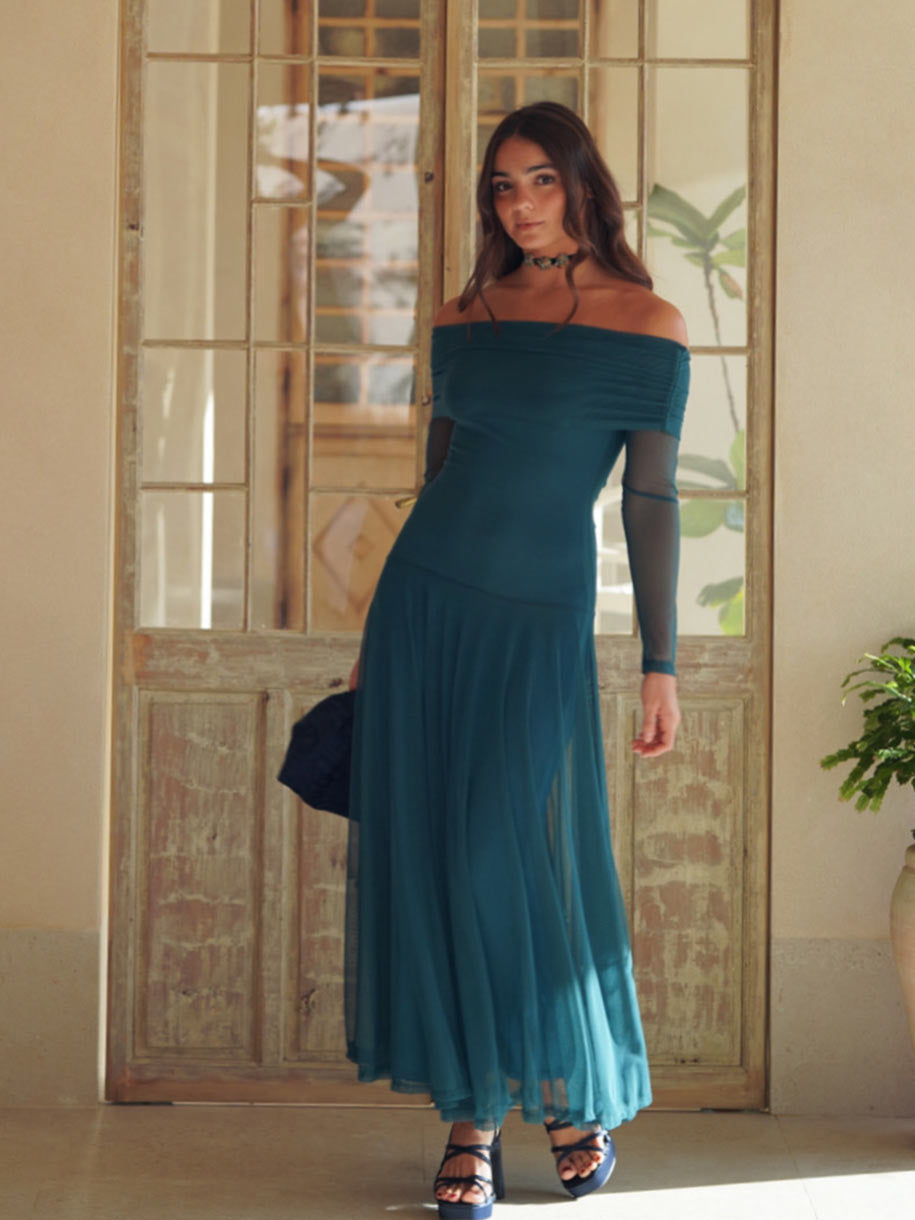 VESTIDO TUL BARDOT AZUL