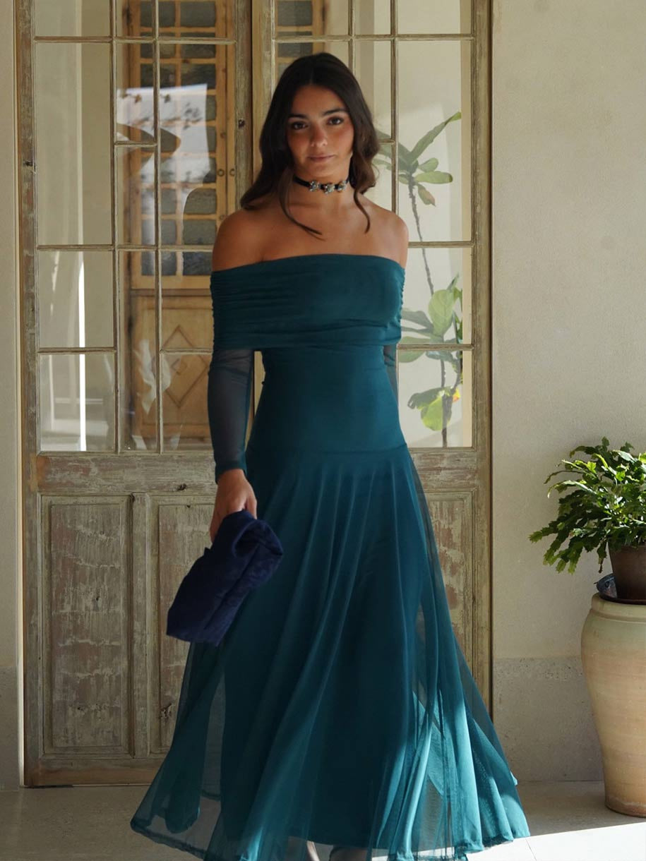 VESTIDO TUL BARDOT AZUL