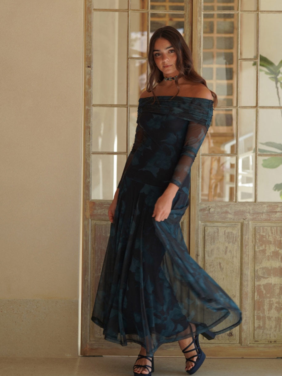 VESTIDO TUL BARDOT ESTAMPADO OTOÑO