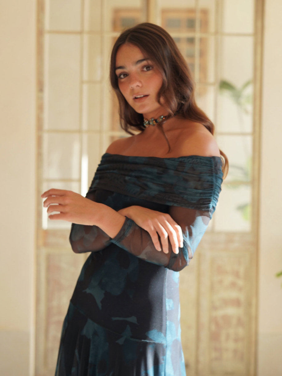 VESTIDO TUL BARDOT ESTAMPADO OTOÑO