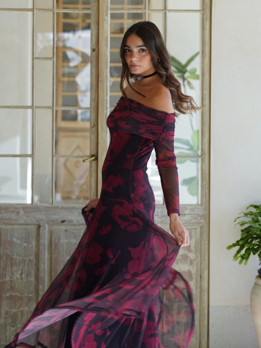 VESTIDO TUL BARDOT ESTAMPADO OTOÑO