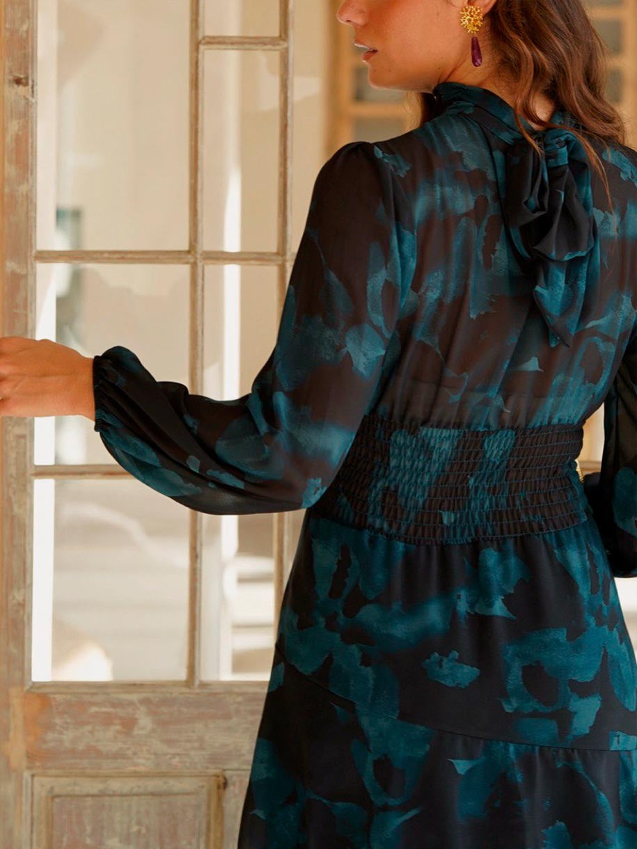 VESTIDO FLORAL VOLANTES AZUL