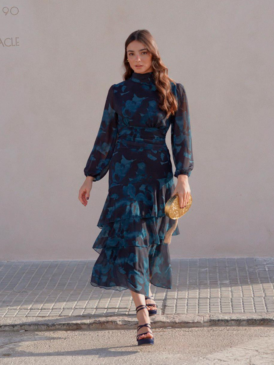 VESTIDO FLORAL VOLANTES AZUL