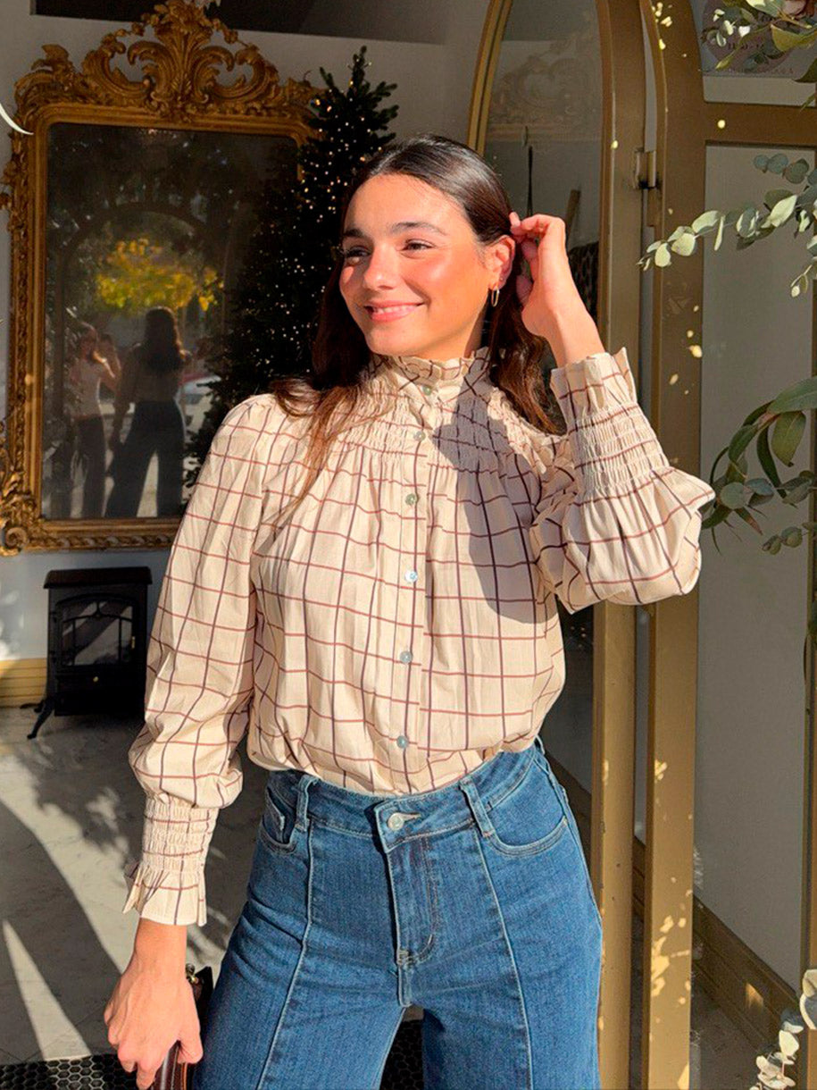 Camisa cuadros, con frunce en la manga