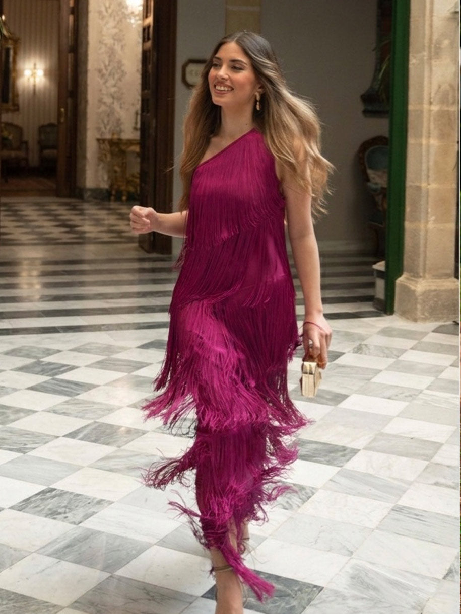 Vestido Invitada de flecos en color buganvilla