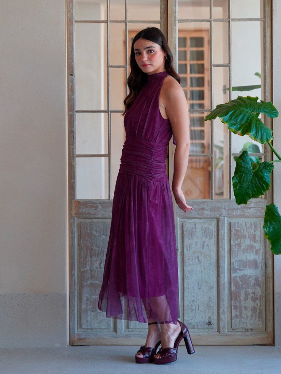 Vestido de fiesta estampado morado