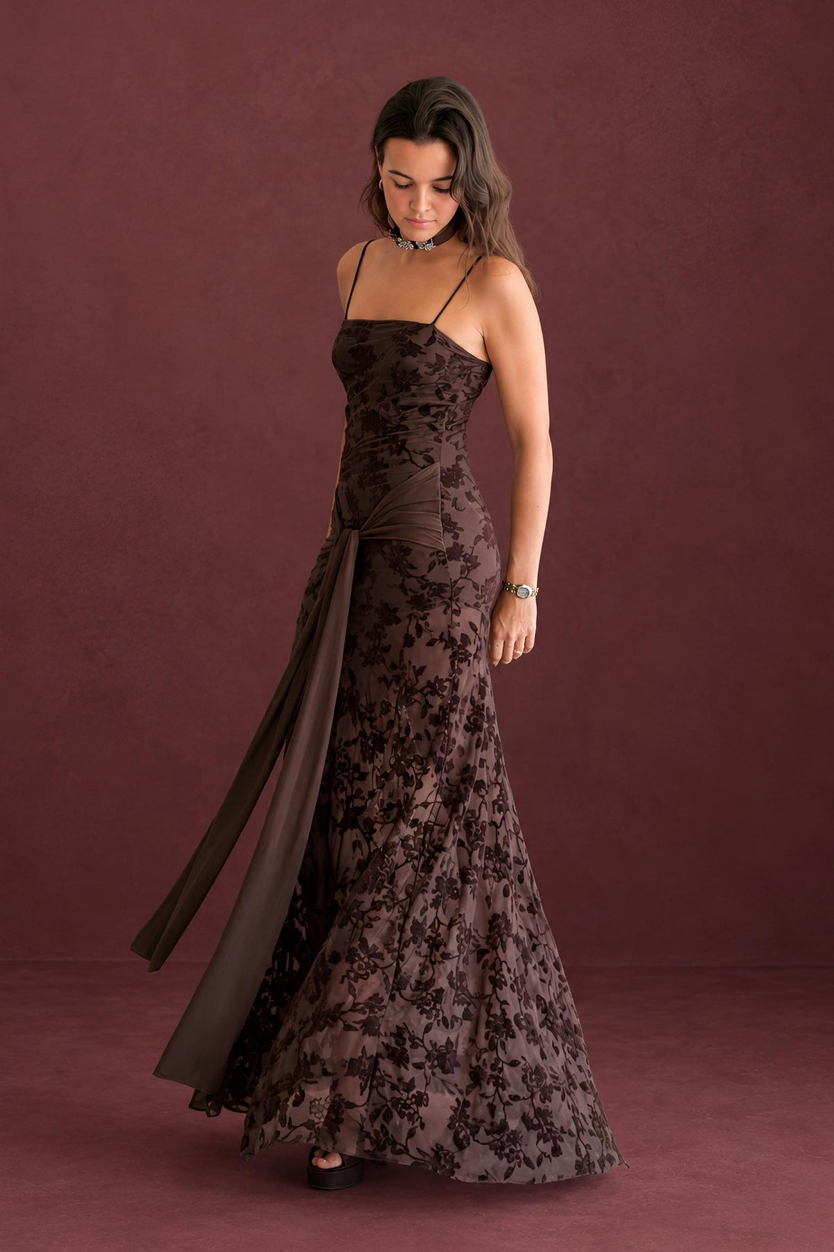 VESTIDO PALABRA DE HONOR TERCIOPELO FLOCADO