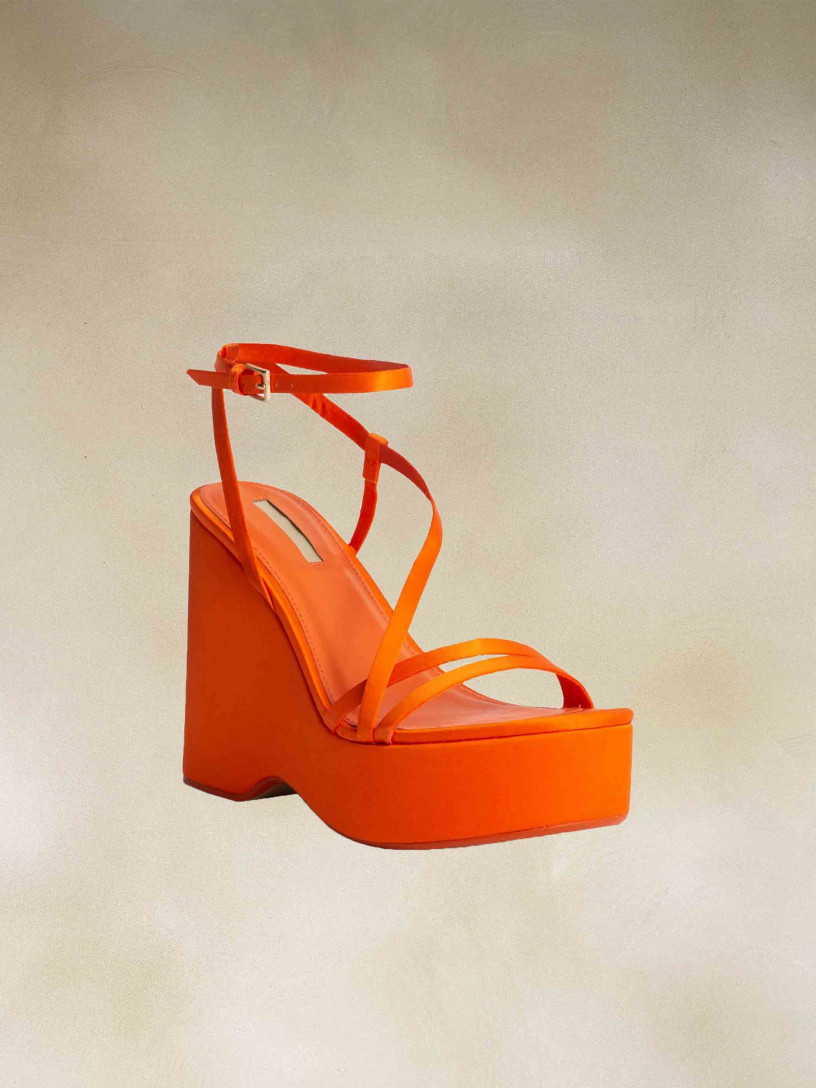 Sandalia Cuña Tiras Naranja, Zapatos de Plataforma, Zapatos de Mujer, Mariquita Trasquilá
