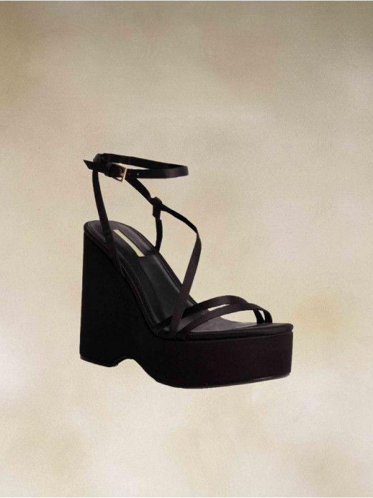 Sandalia Cuña Tiras Negras, Zapatos de Plataforma, Zapatos Tacón Negro Cómodos, Mariquita Trasquilá