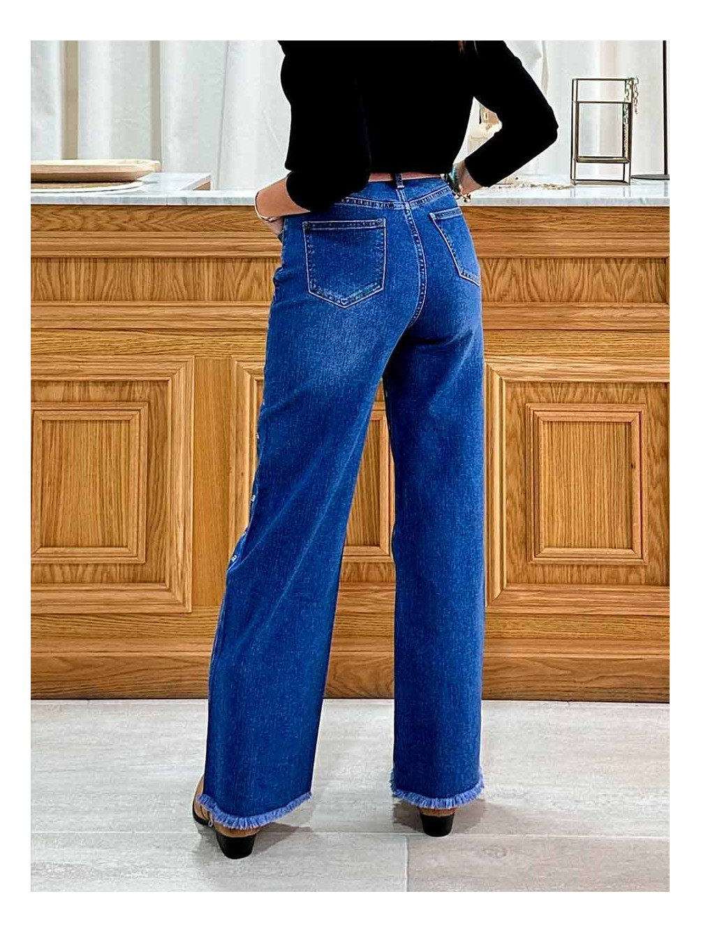 Jeans Strass, Jeans Cropped, Jeans Wide Leg, Mariquita Trasquilá