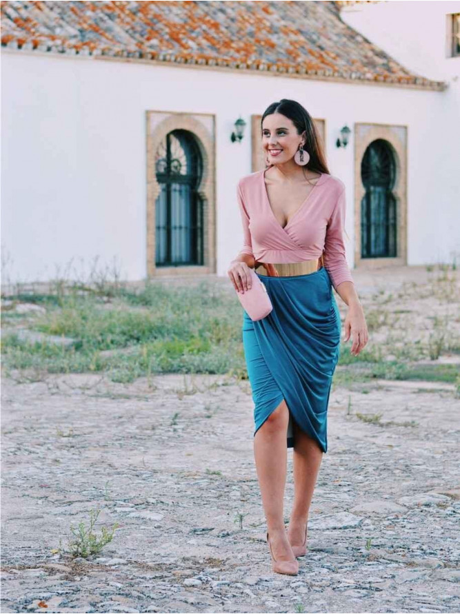 Falda de Fiesta Tulipán, midi, corta, azul pato, invitada Perfecta, Mariquita Trasquilá