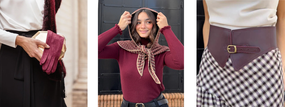 Collage de accesorios de moda en tonos burdeos: guantes, pañuelo de cuadros y cinturón ancho, combinados con looks elegantes de inspiración otoñal.