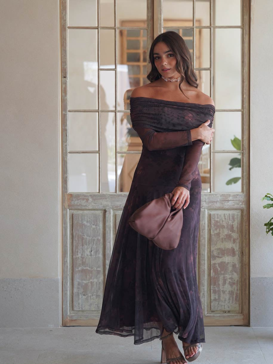 VESTIDO TUL BARDOT ESTAMPADO OTOÑO