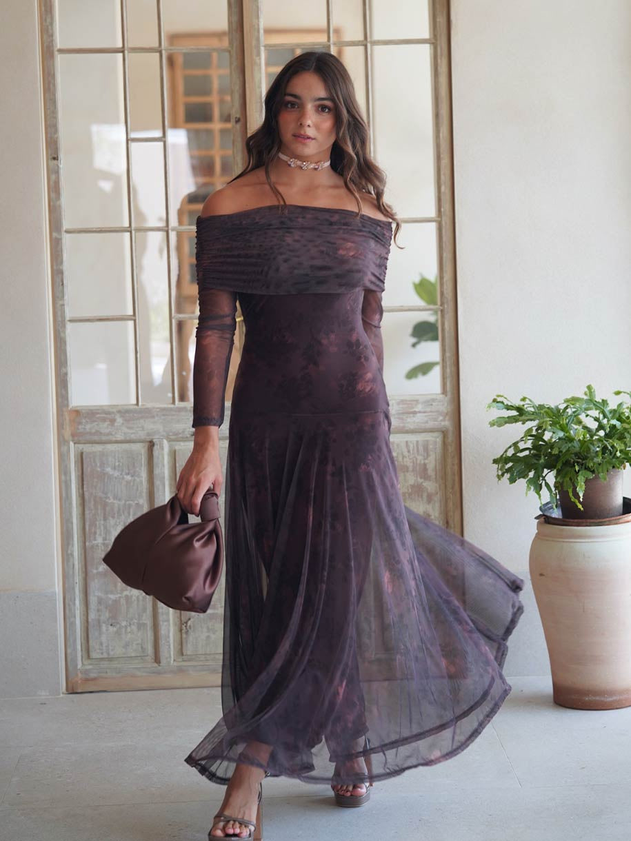 VESTIDO TUL BARDOT ESTAMPADO OTOÑO