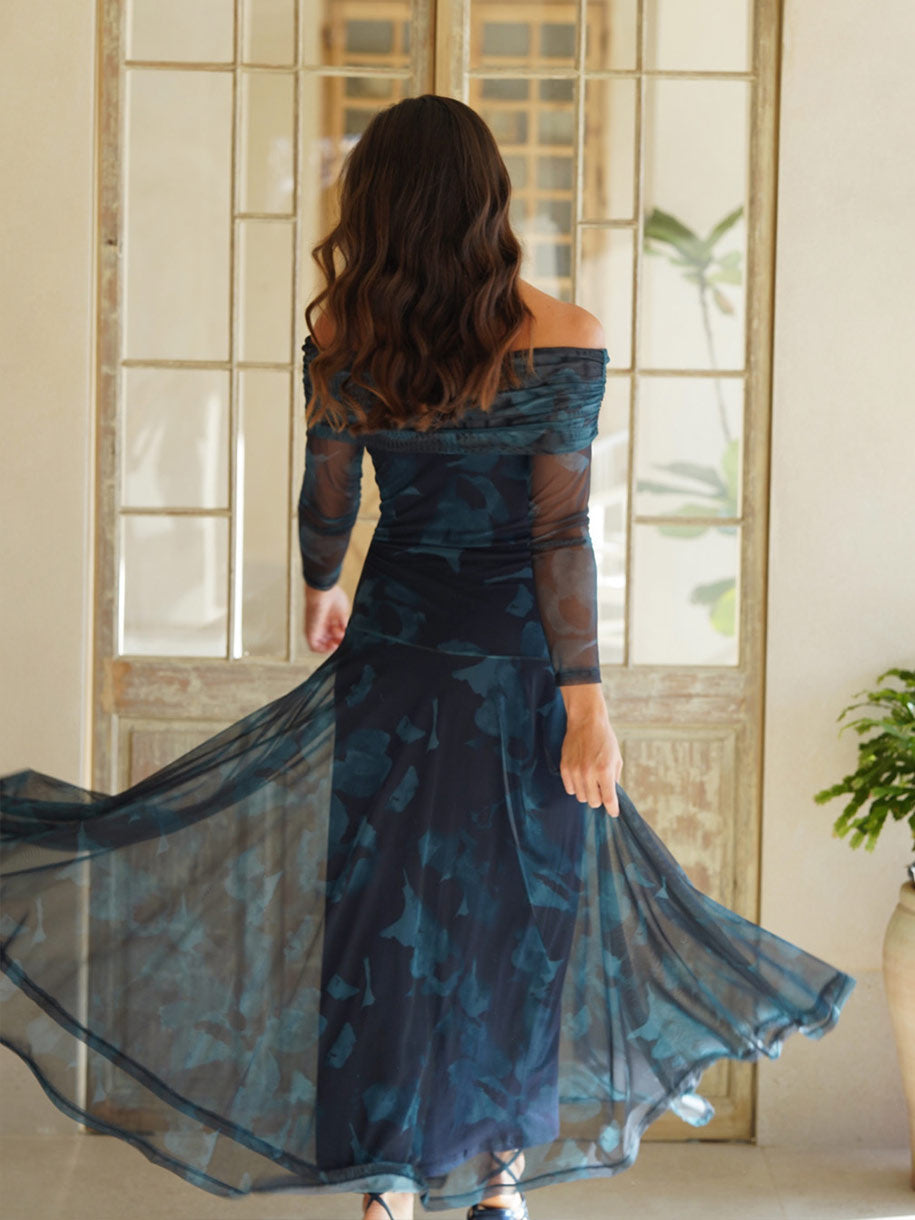 VESTIDO TUL BARDOT ESTAMPADO OTOÑO