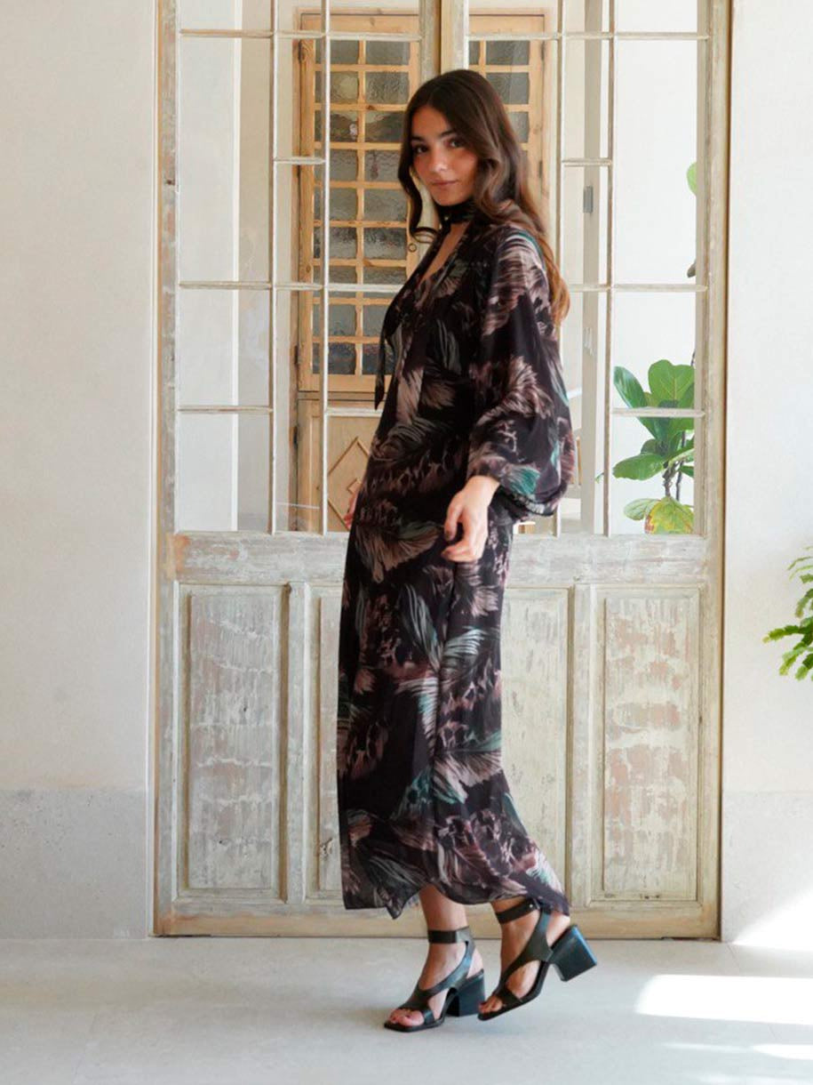 VESTIDO PRINT PLUMAS VERDE