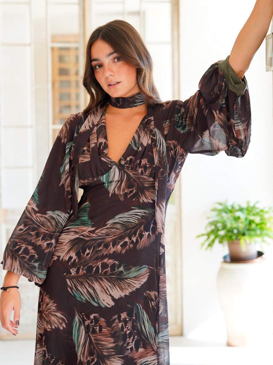 VESTIDO PRINT PLUMAS VERDE