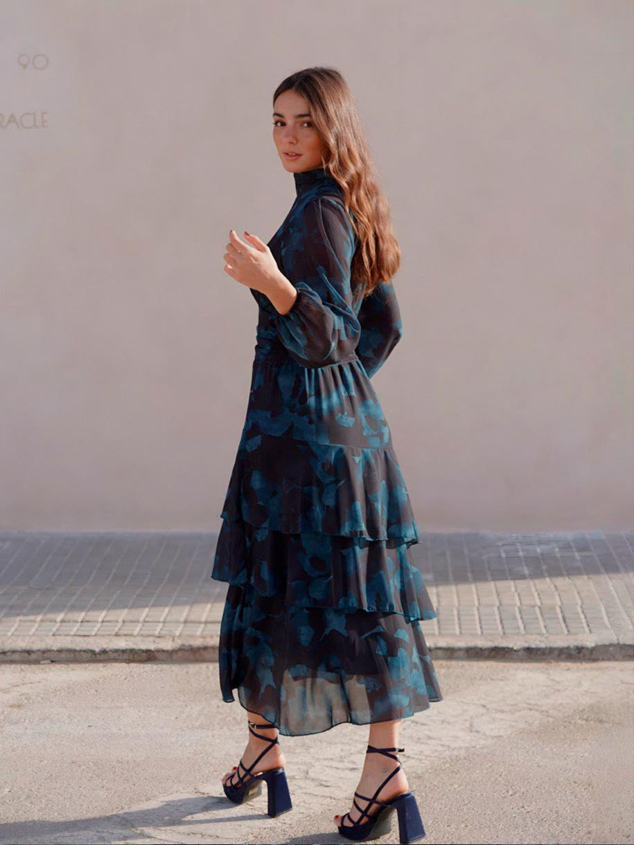 VESTIDO FLORAL VOLANTES AZUL