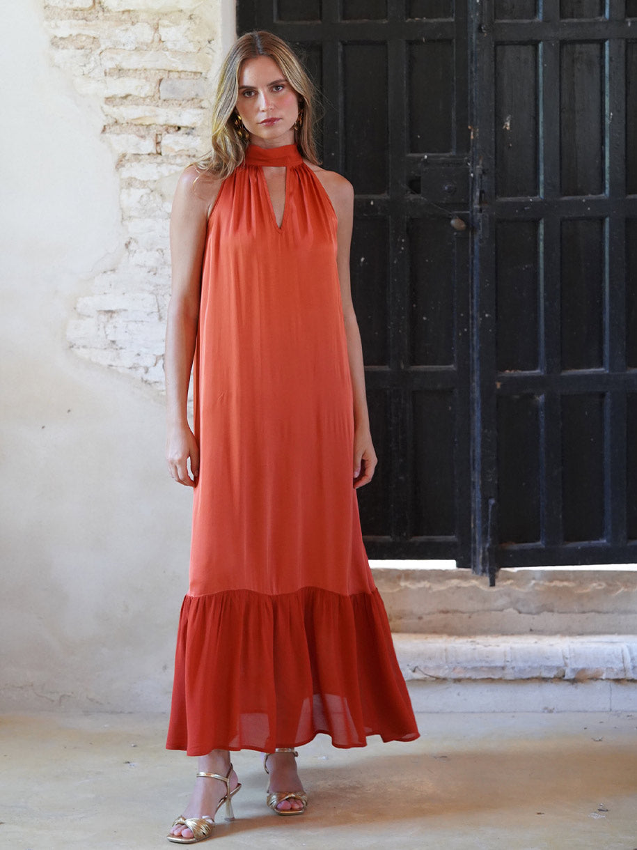 Vestido invitada en color teja