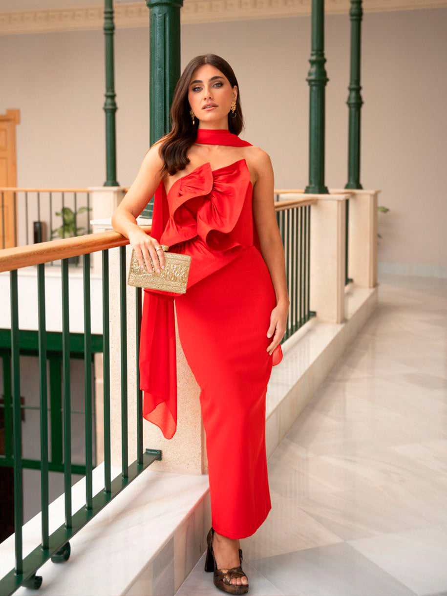 Vestido con volante central en rojo